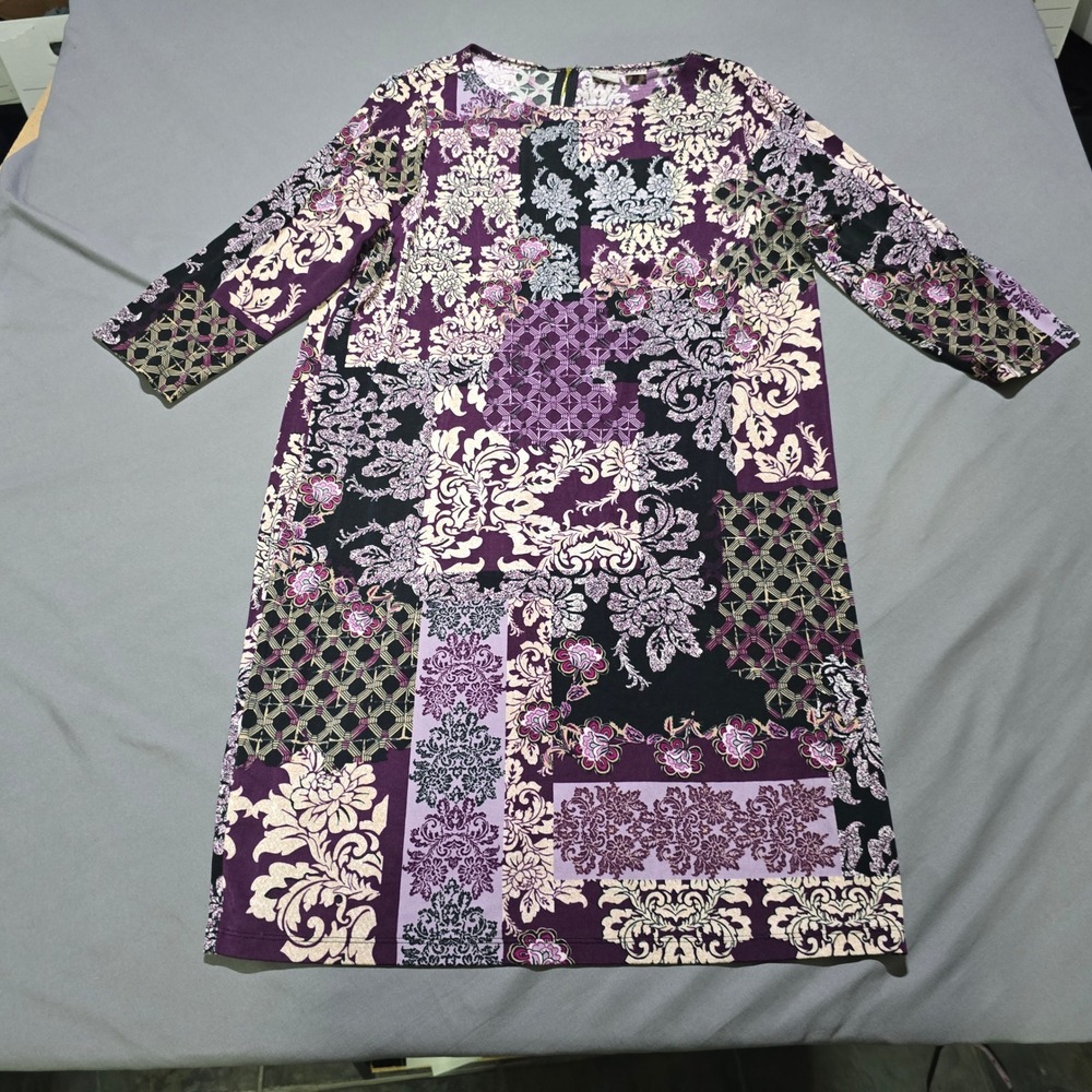 Chico's Travelers Dress Womens 3 XL Purple Patchwork Floral Damask 3/4 Sleeve